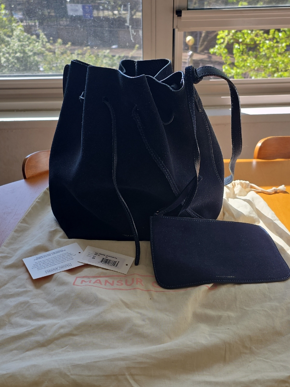 Mansur Gavriel Navy Suede Drawstring Bucket Bag with Pouch